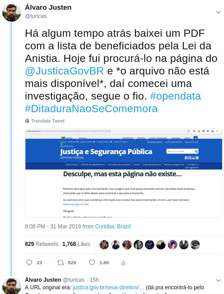 Tweet de Turicas sobre lista de beneficiados da lei da anistia